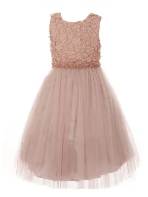 Little Girls Dusty Pink Pearl 3D Floral Accents Tulle Flower Girl Dress 2-6