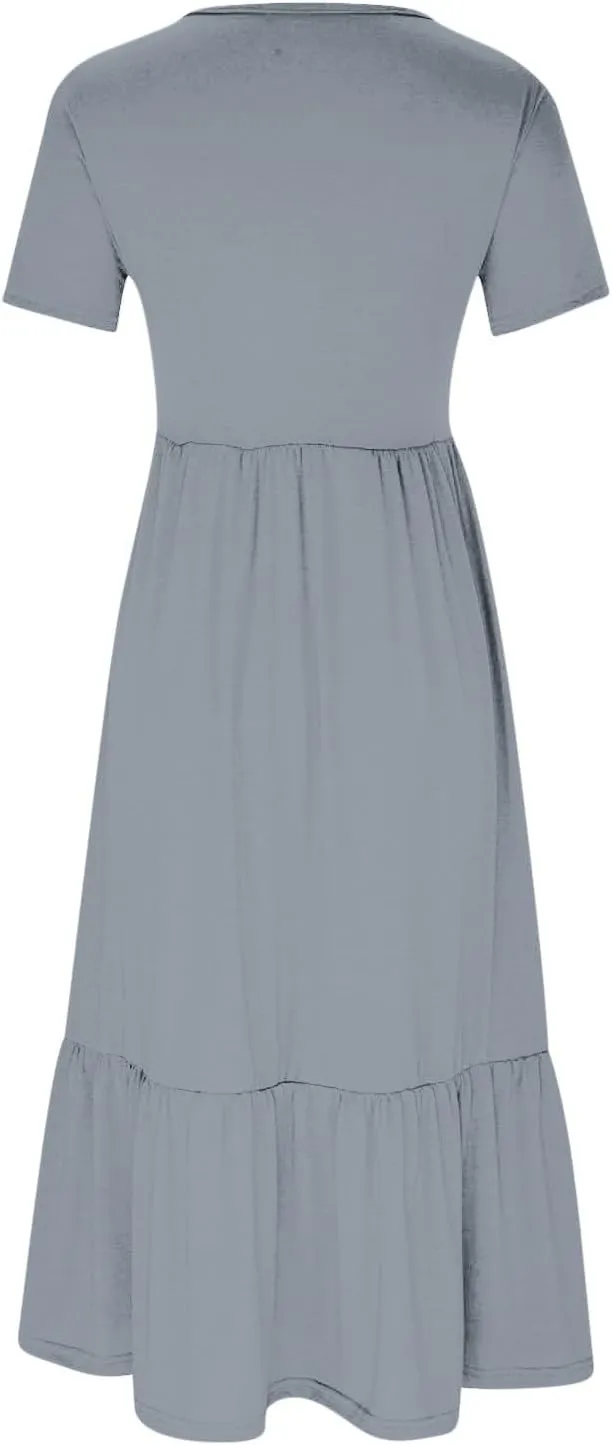 Maxi Dresses for Women 2024 Casual Short Sleeve Solid Ruffle Long Dress Summer Beach Tiered Pleated Party Sundress