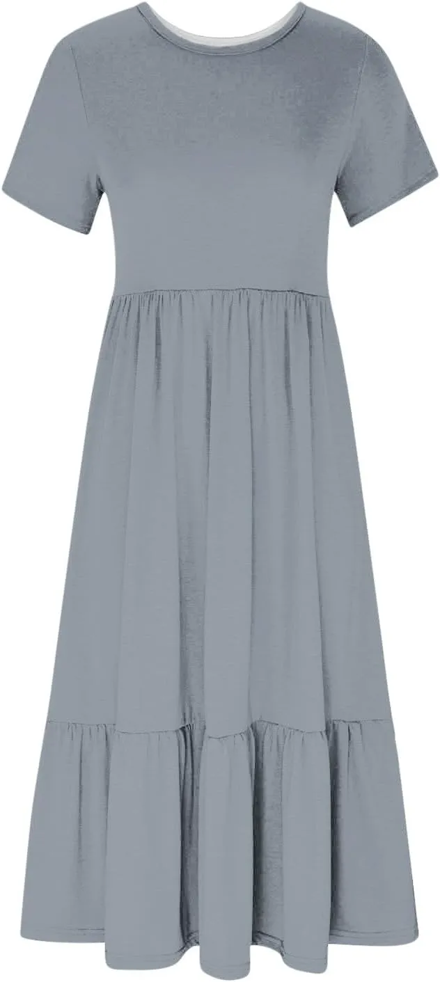 Maxi Dresses for Women 2024 Casual Short Sleeve Solid Ruffle Long Dress Summer Beach Tiered Pleated Party Sundress