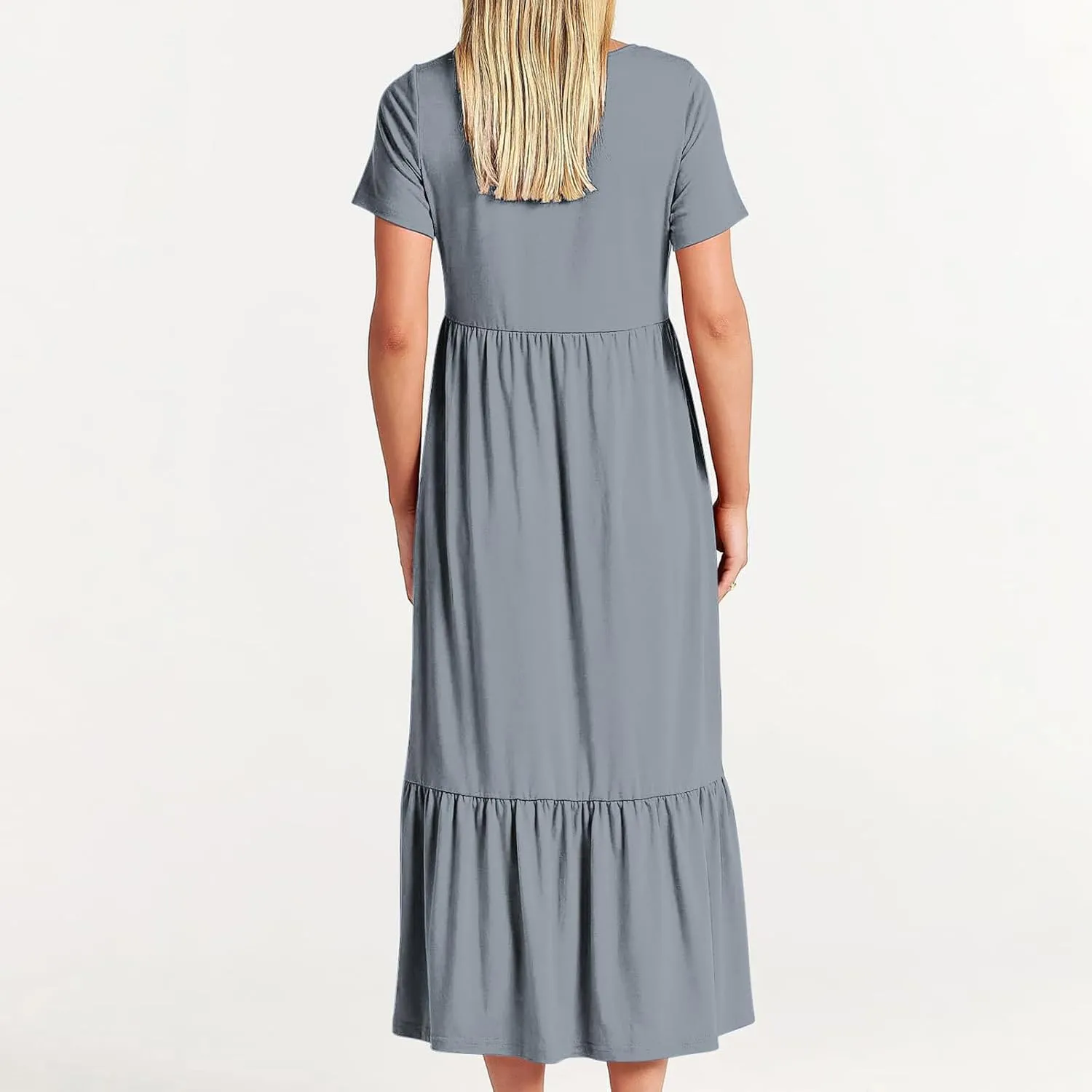 Maxi Dresses for Women 2024 Casual Short Sleeve Solid Ruffle Long Dress Summer Beach Tiered Pleated Party Sundress