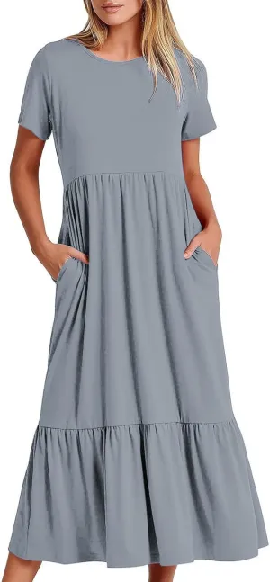 Maxi Dresses for Women 2024 Casual Short Sleeve Solid Ruffle Long Dress Summer Beach Tiered Pleated Party Sundress