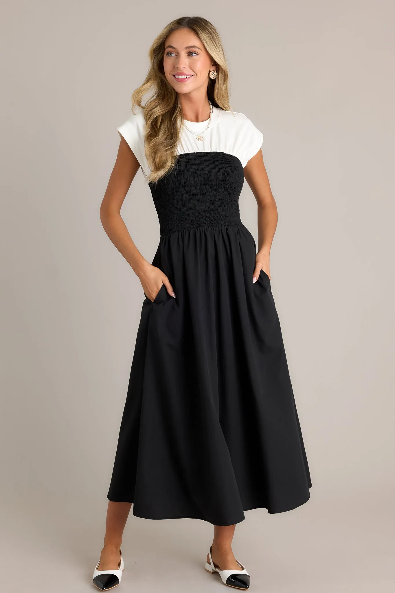 Never Disappear Black & White Smocked Midi Dress