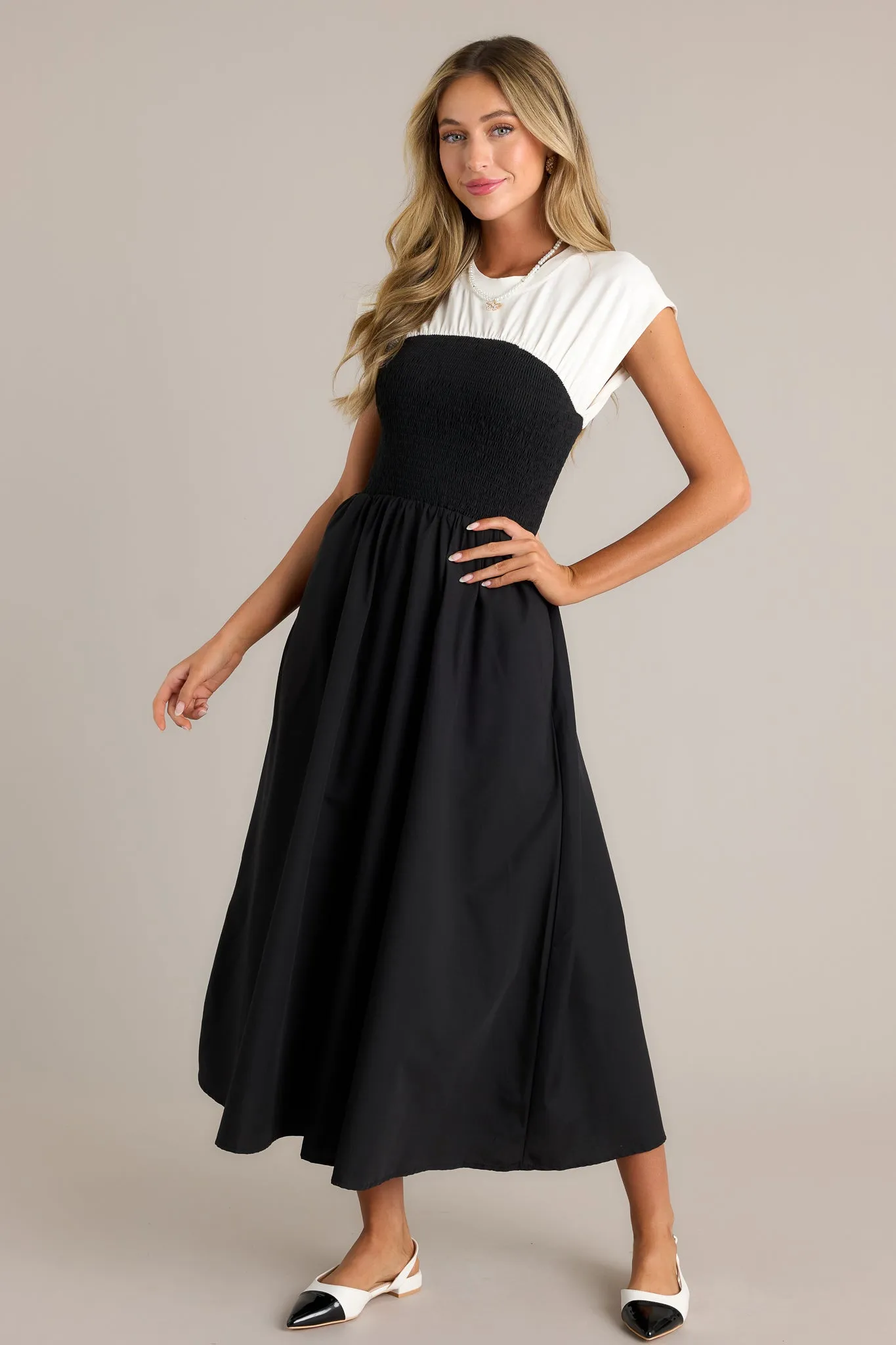 Never Disappear Black & White Smocked Midi Dress