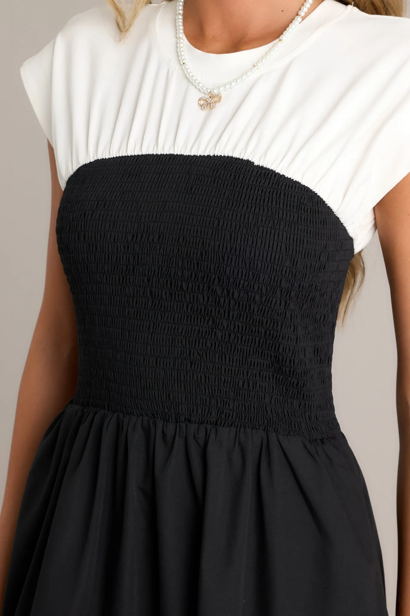Never Disappear Black & White Smocked Midi Dress