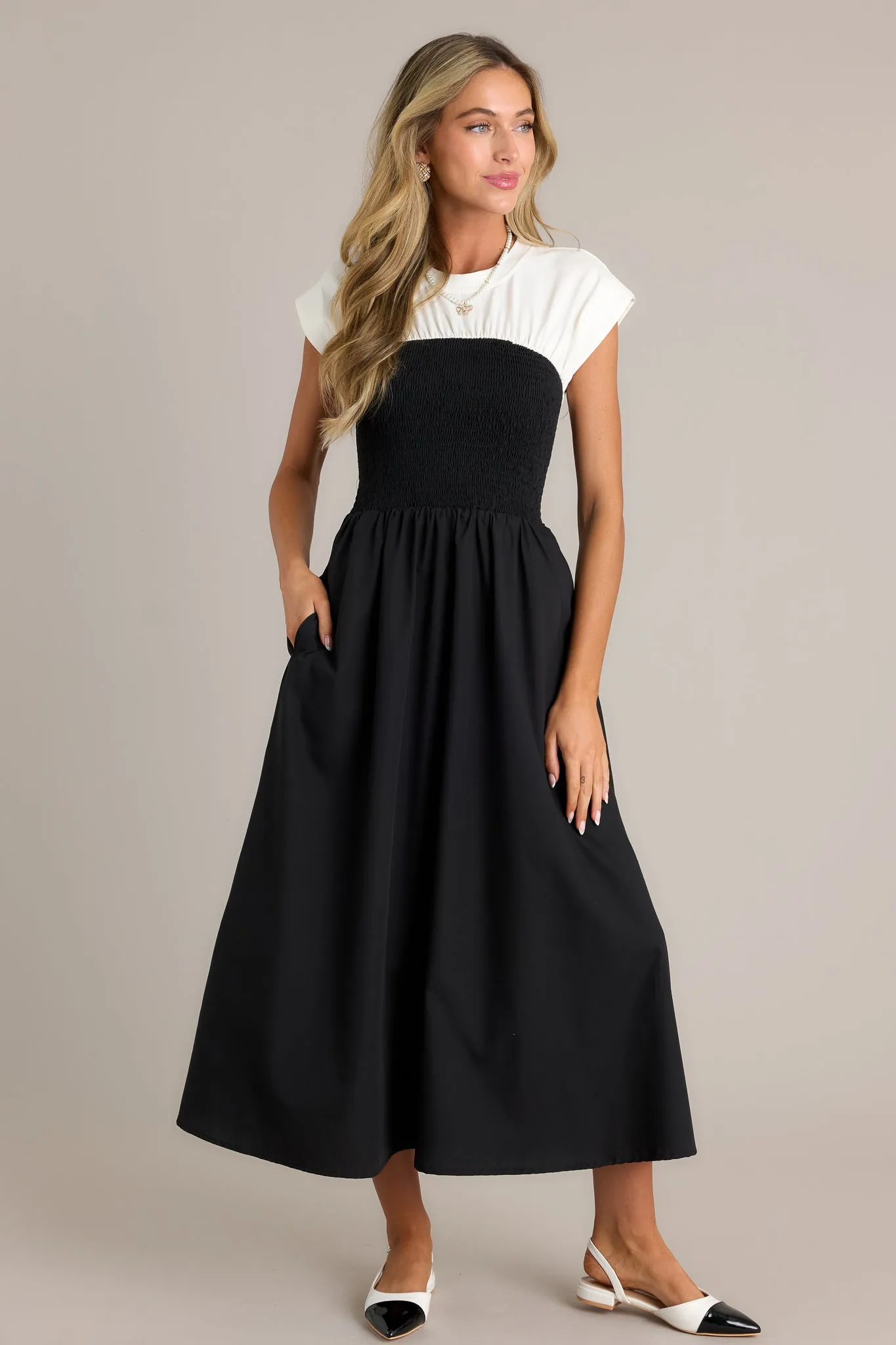 Never Disappear Black & White Smocked Midi Dress