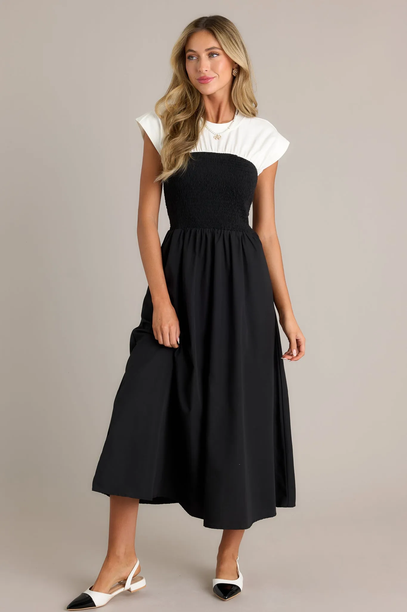 Never Disappear Black & White Smocked Midi Dress