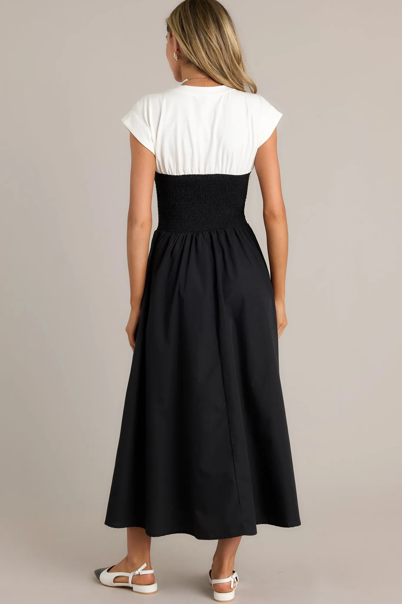 Never Disappear Black & White Smocked Midi Dress