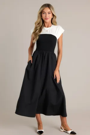 Never Disappear Black & White Smocked Midi Dress