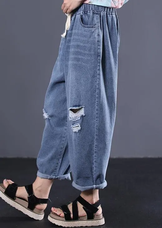 New denim blue plus size pants elastic waist drawstring ripped Jeans