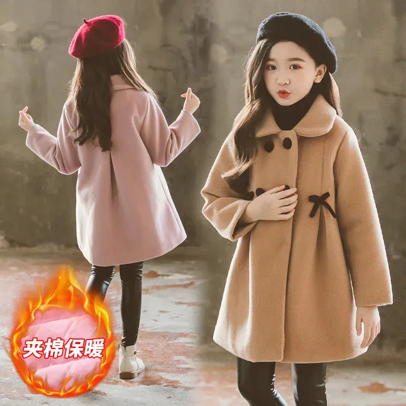 New Winter Teenager Girls Long Jackets Toddler Kids Outerwear Clothes Casual Children Keep Warm Woolen Trench Coat 3-12 Years