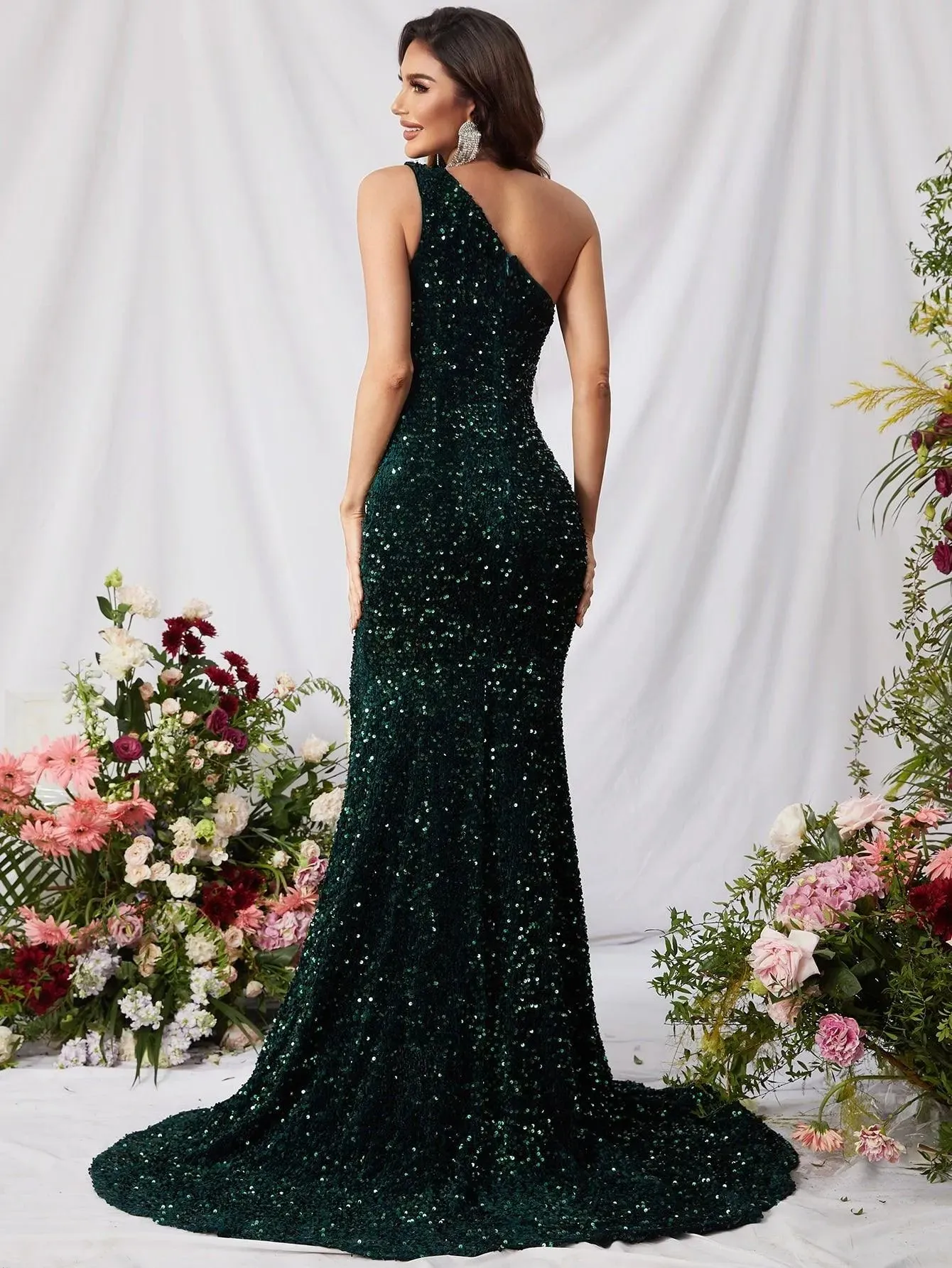 One Shoulder Cut Out Split Thigh Sequin Mermaid Dresses