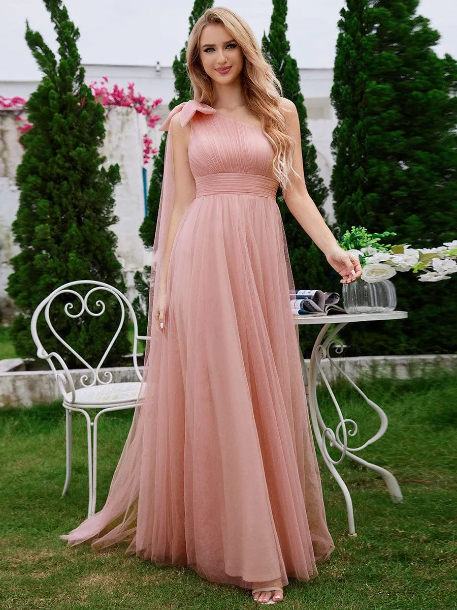 One Shoulder Streamer A-Line Tulle Maxi Bridesmaid Dress with Bowknot