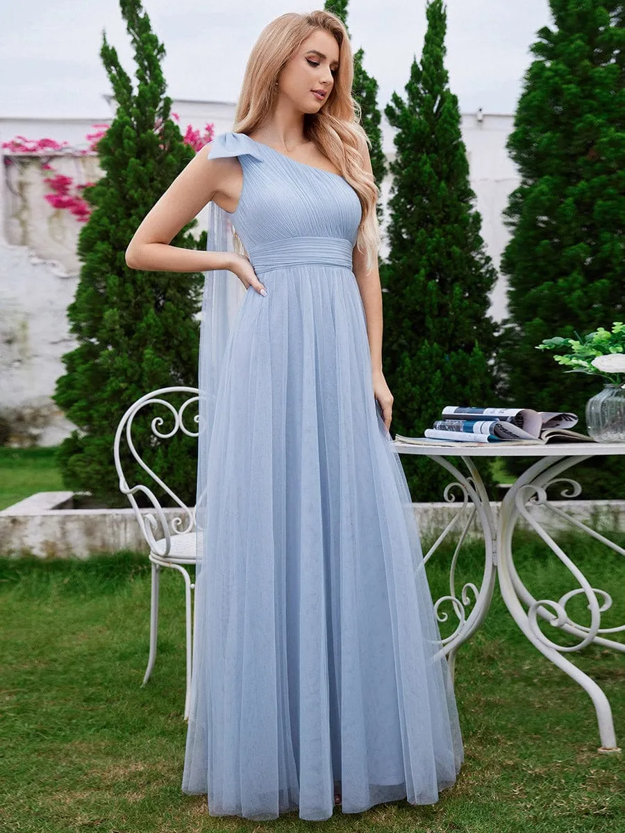 One Shoulder Streamer A-Line Tulle Maxi Bridesmaid Dress with Bowknot