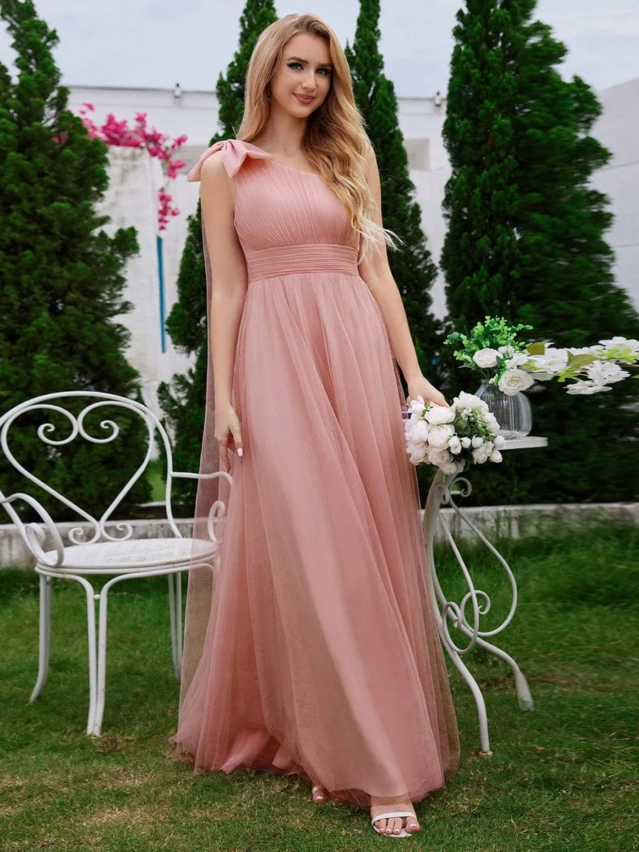 One Shoulder Streamer A-Line Tulle Maxi Bridesmaid Dress with Bowknot