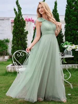 One Shoulder Streamer A-Line Tulle Maxi Bridesmaid Dress with Bowknot