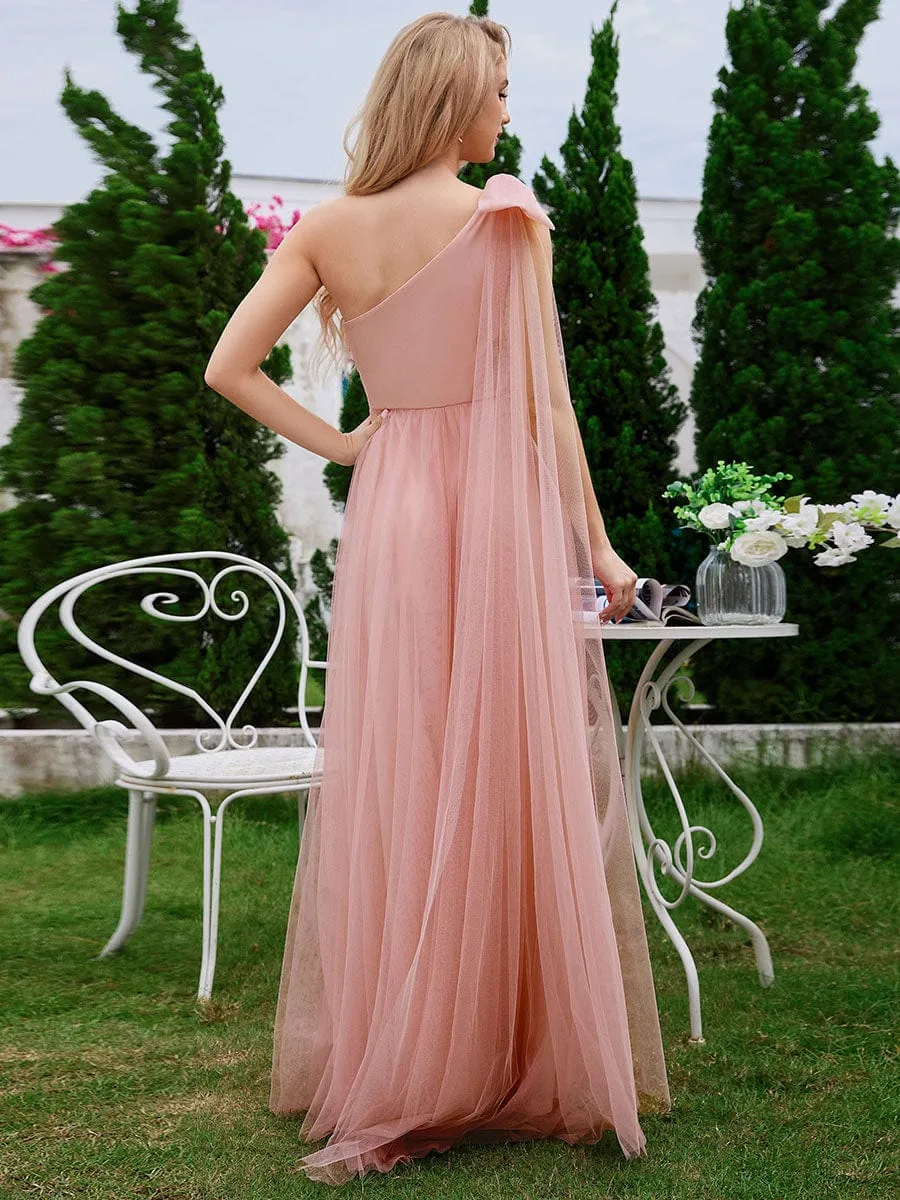 One Shoulder Streamer A-Line Tulle Maxi Bridesmaid Dress with Bowknot