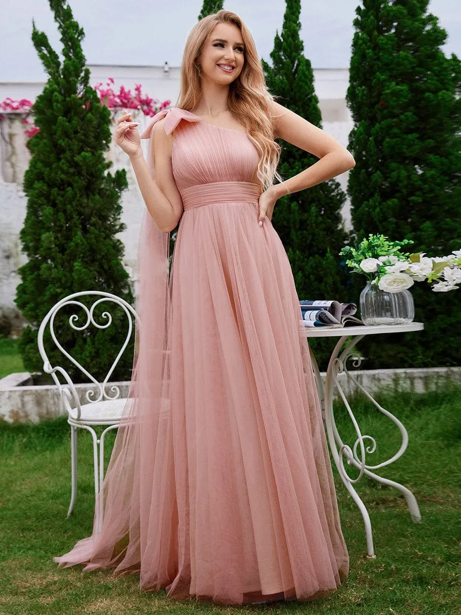 One Shoulder Streamer A-Line Tulle Maxi Bridesmaid Dress with Bowknot