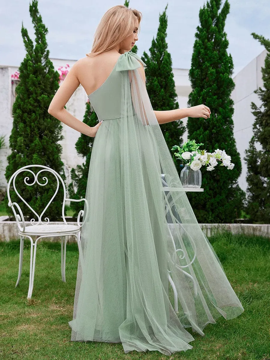 One Shoulder Streamer A-Line Tulle Maxi Bridesmaid Dress with Bowknot
