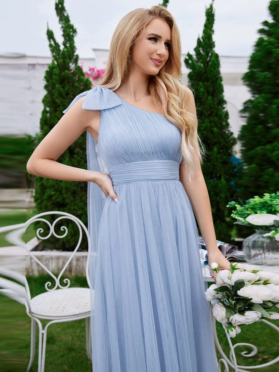 One Shoulder Streamer A-Line Tulle Maxi Bridesmaid Dress with Bowknot