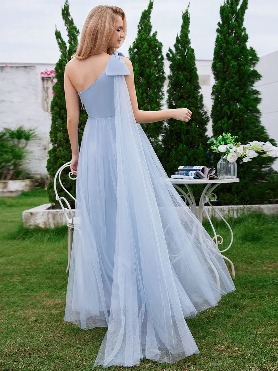 One Shoulder Streamer A-Line Tulle Maxi Bridesmaid Dress with Bowknot