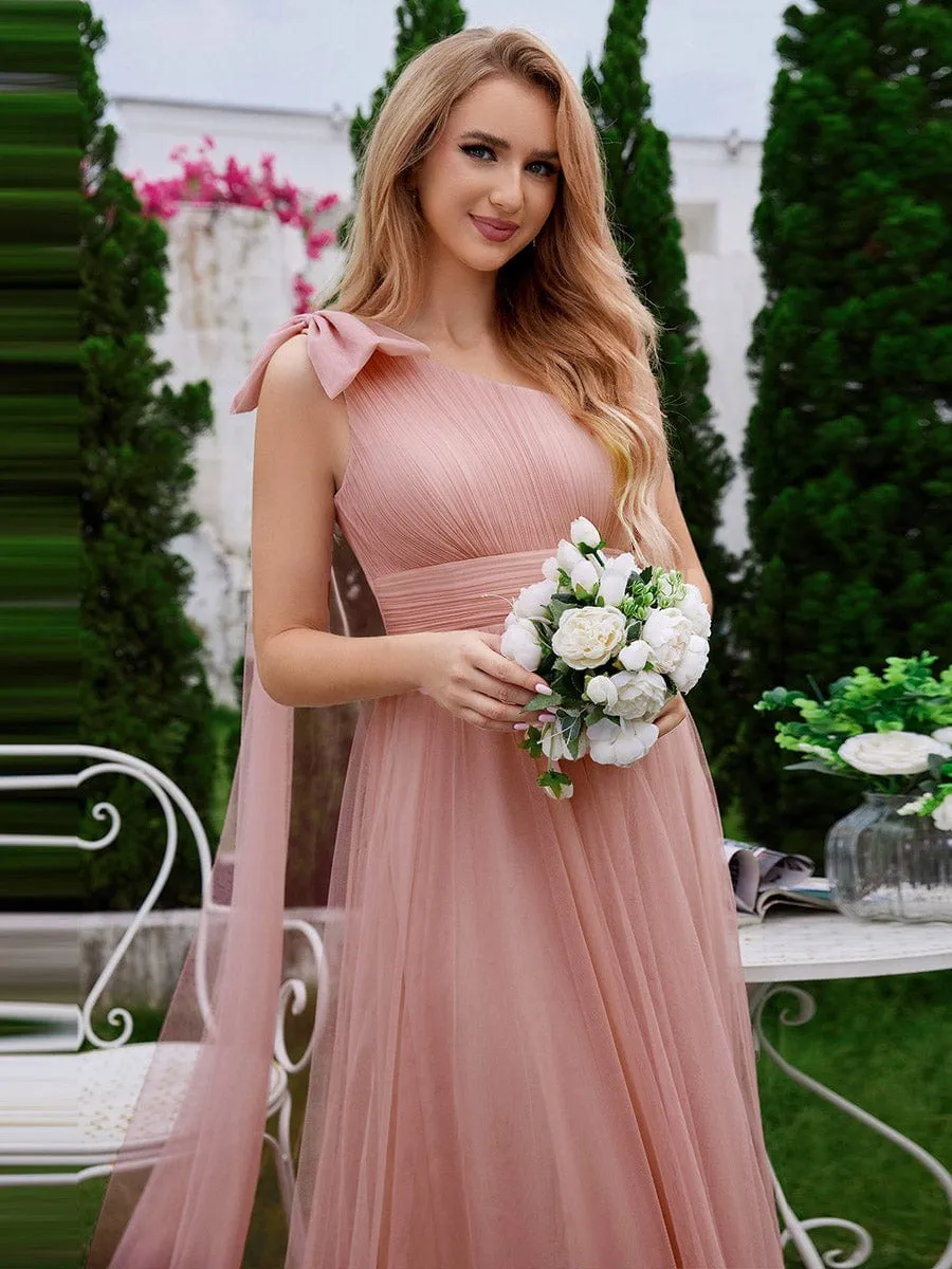 One Shoulder Streamer A-Line Tulle Maxi Bridesmaid Dress with Bowknot