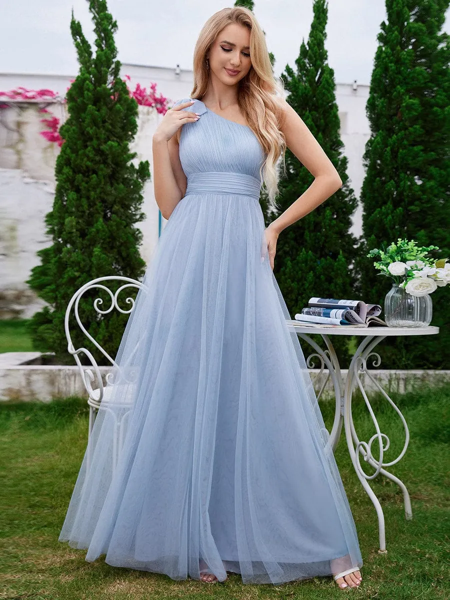 One Shoulder Streamer A-Line Tulle Maxi Bridesmaid Dress with Bowknot