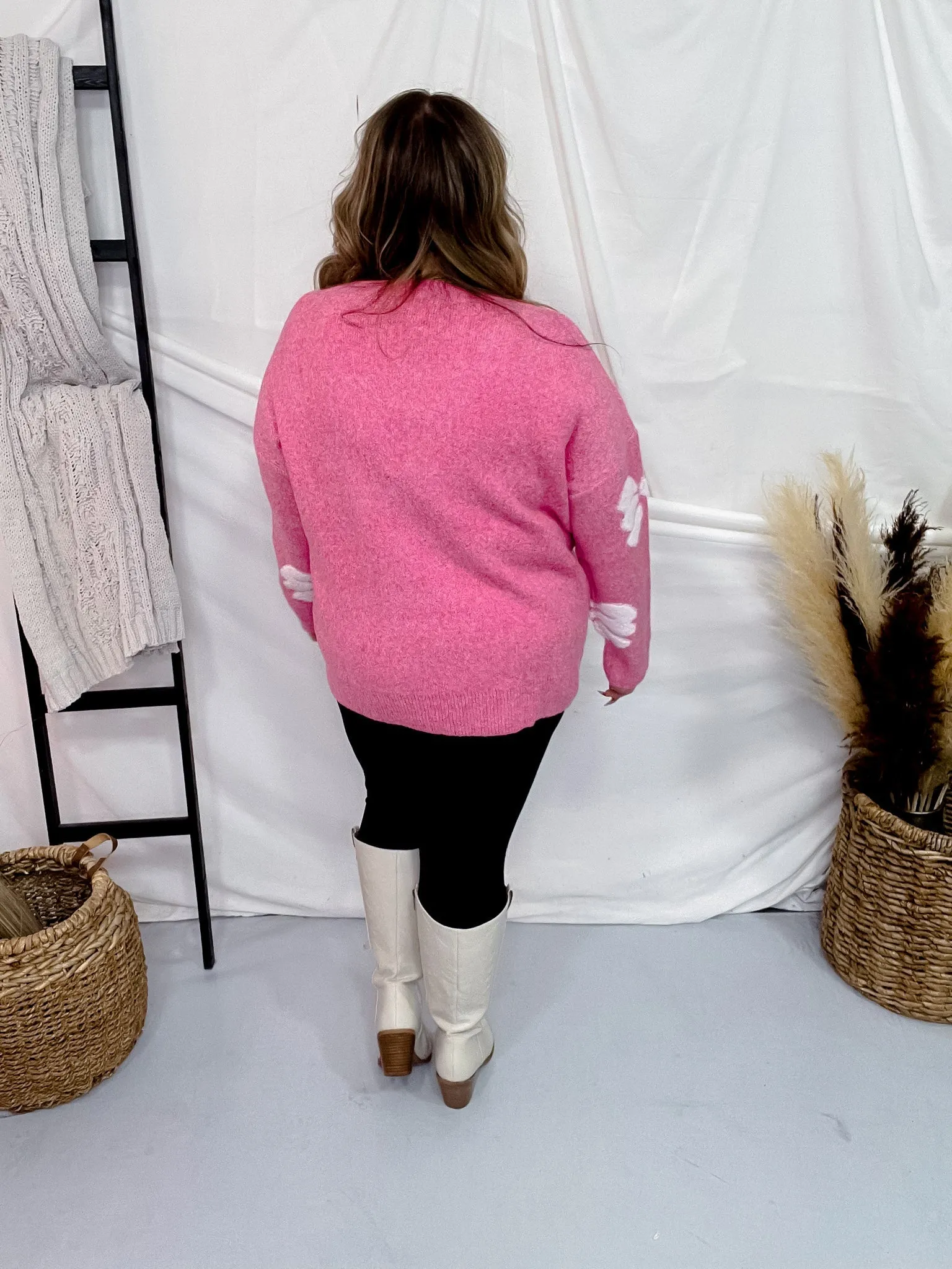 Pink & White Bow Pattern Long Sleeve Sweater