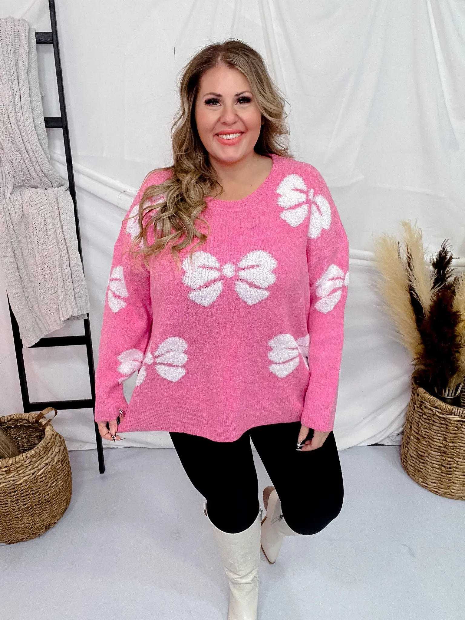 Pink & White Bow Pattern Long Sleeve Sweater
