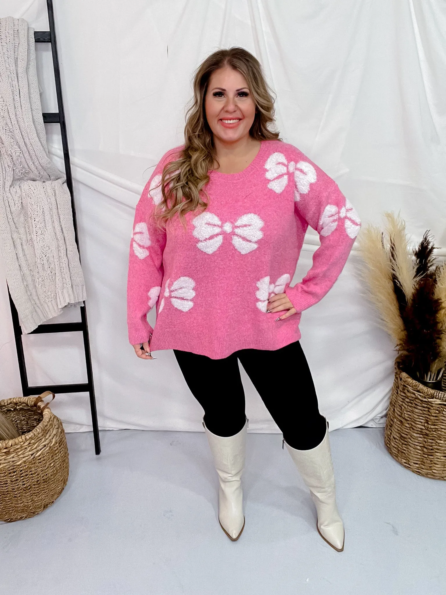 Pink & White Bow Pattern Long Sleeve Sweater
