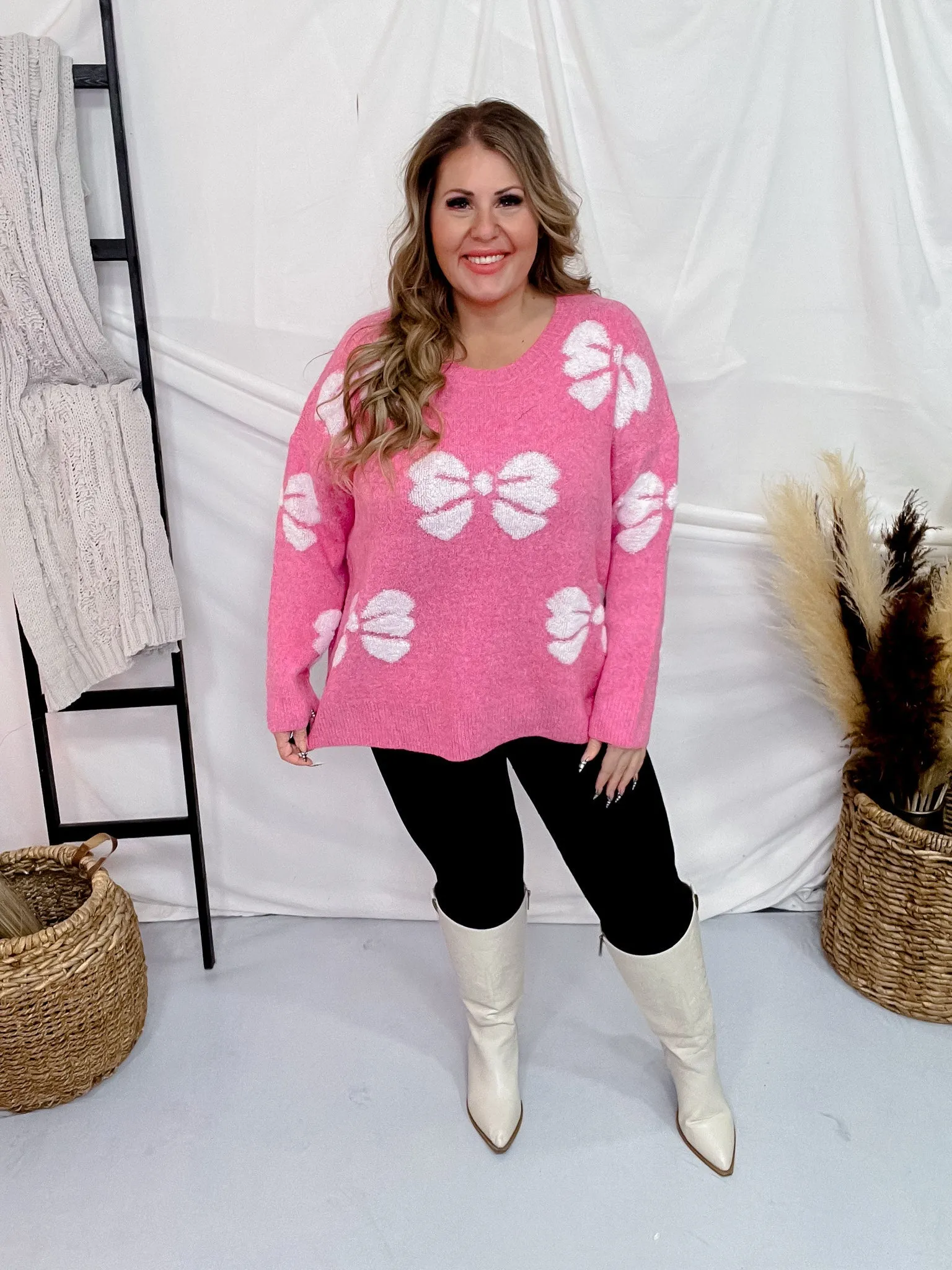 Pink & White Bow Pattern Long Sleeve Sweater