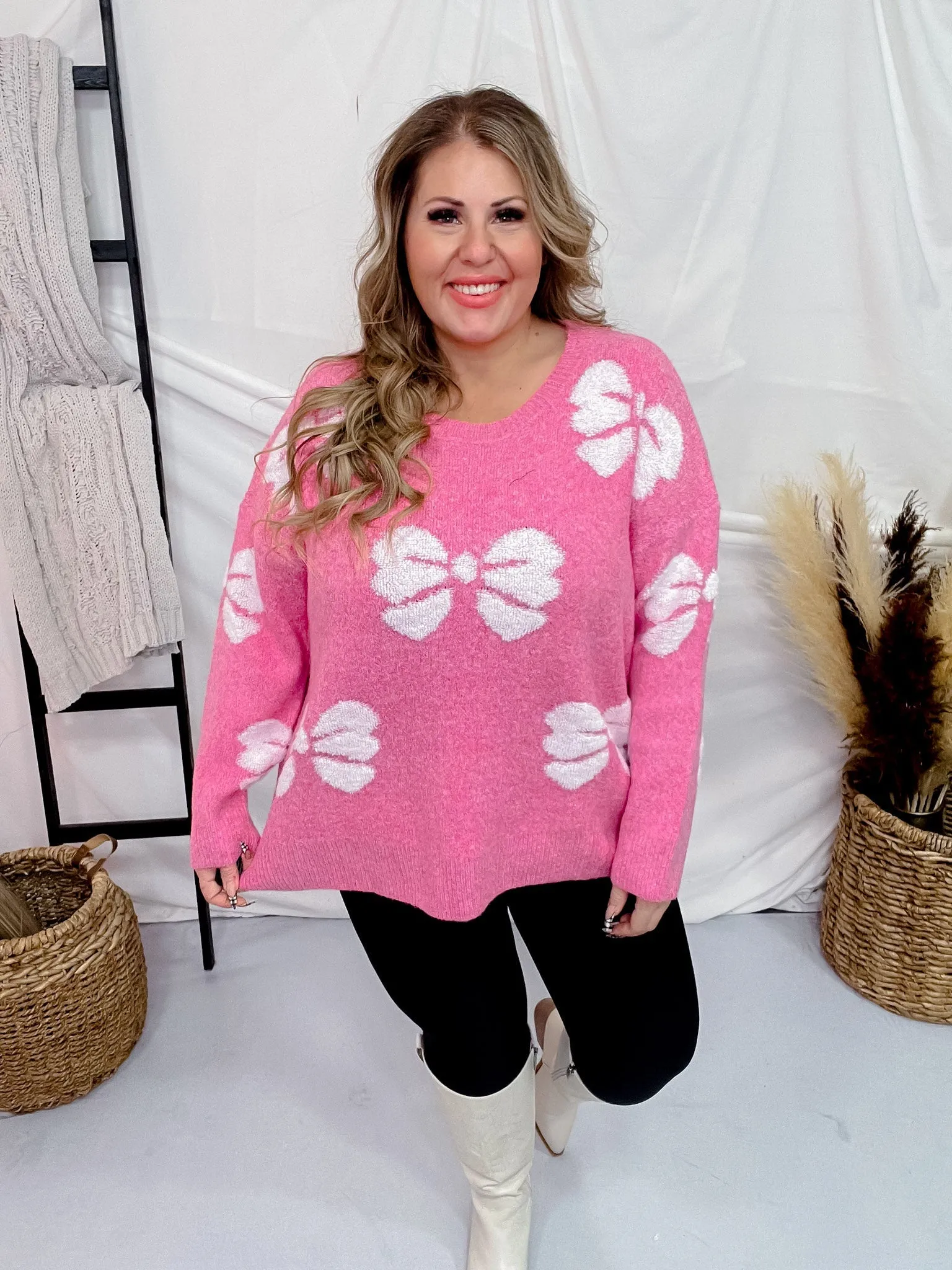Pink & White Bow Pattern Long Sleeve Sweater