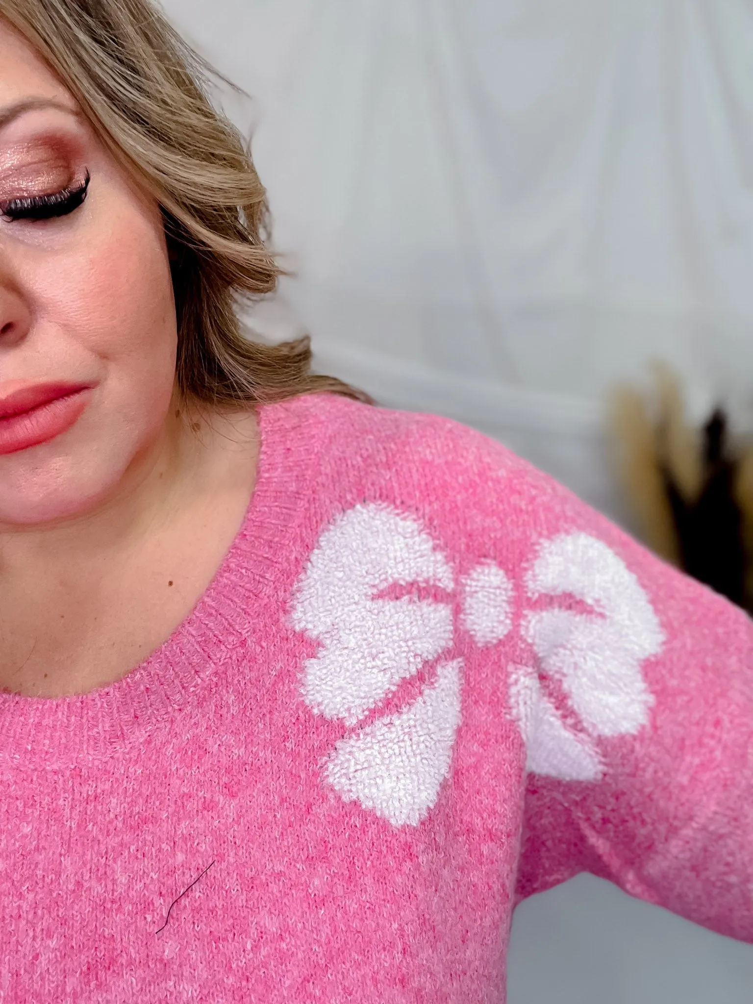 Pink & White Bow Pattern Long Sleeve Sweater