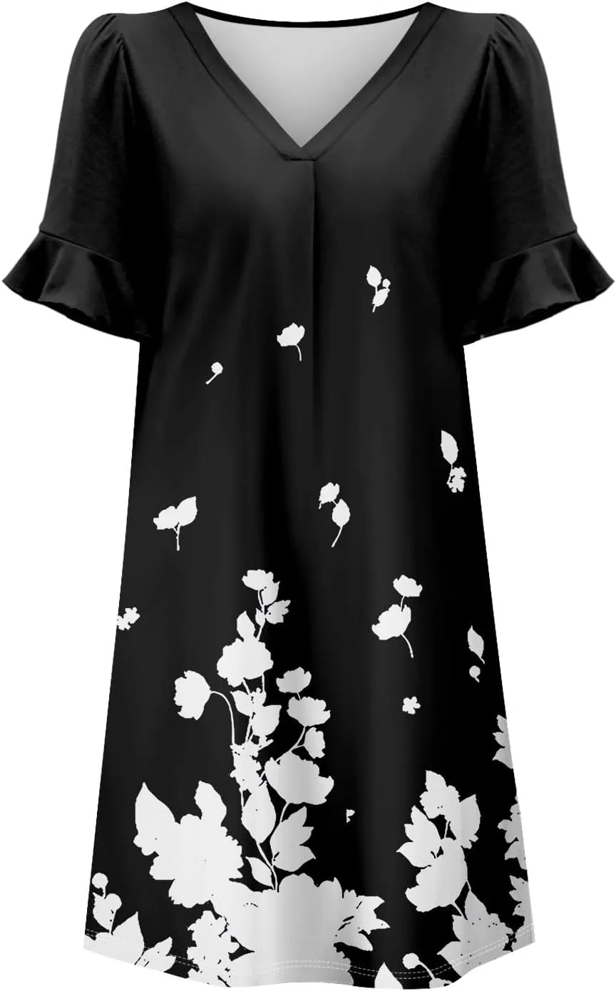 Plus Size Easter Dresses for Curvy Women Summer Casual Shift Ruffle V Neck Short Sleeve Beach Dress with Pockets