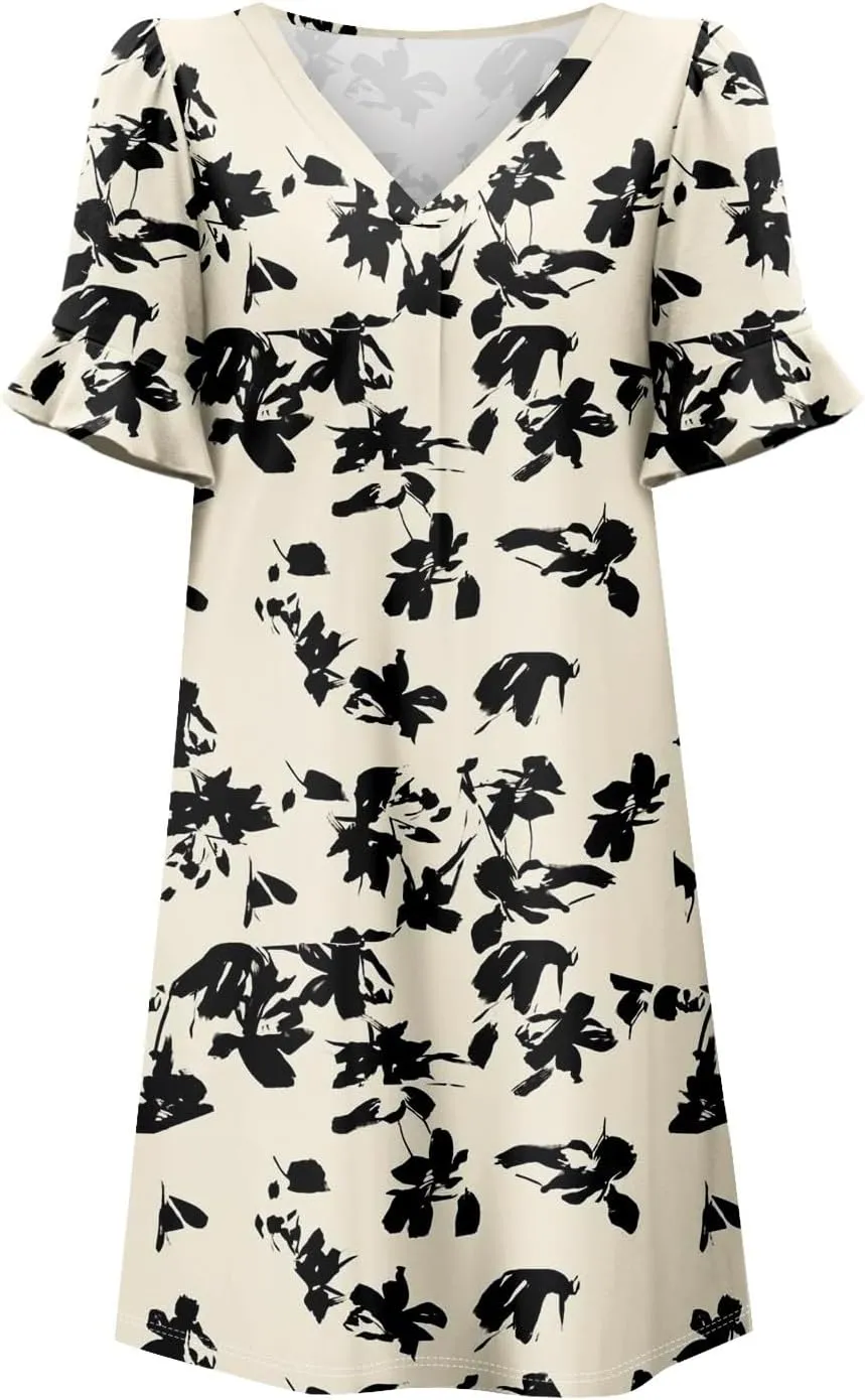 Plus Size Easter Dresses for Curvy Women Summer Casual Shift Ruffle V Neck Short Sleeve Beach Dress with Pockets