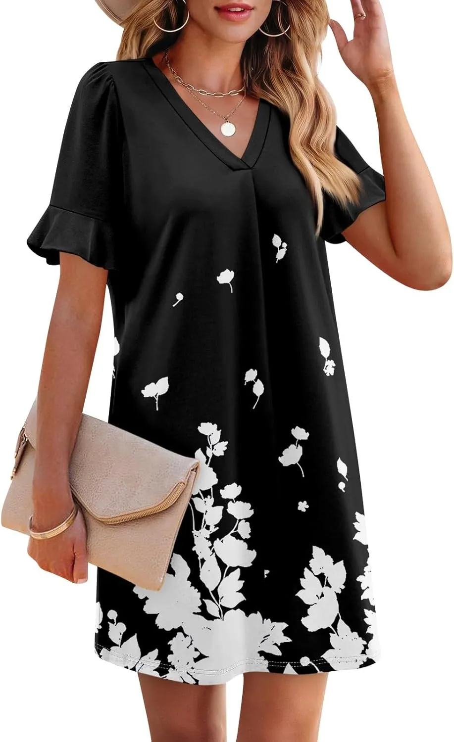 Plus Size Easter Dresses for Curvy Women Summer Casual Shift Ruffle V Neck Short Sleeve Beach Dress with Pockets