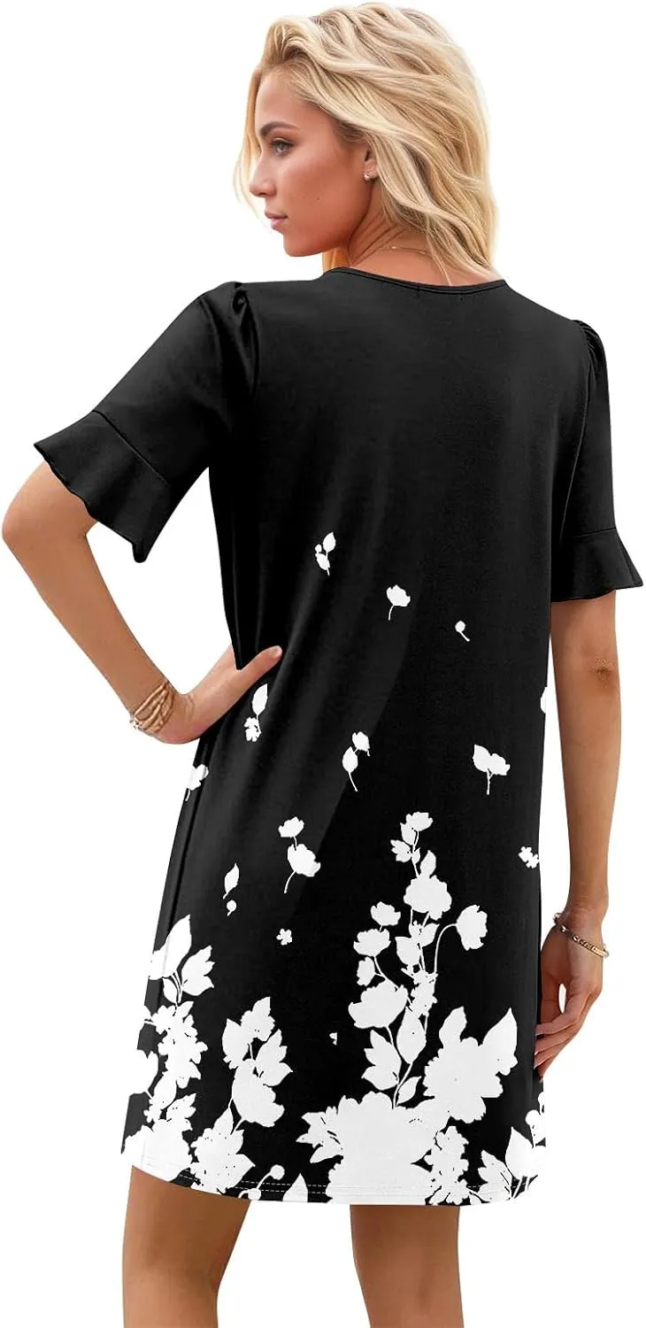 Plus Size Easter Dresses for Curvy Women Summer Casual Shift Ruffle V Neck Short Sleeve Beach Dress with Pockets