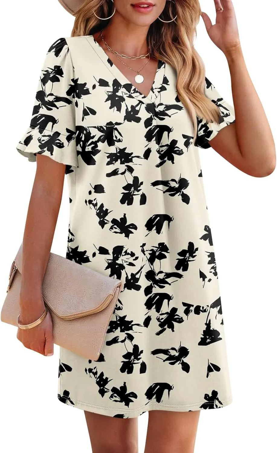 Plus Size Easter Dresses for Curvy Women Summer Casual Shift Ruffle V Neck Short Sleeve Beach Dress with Pockets