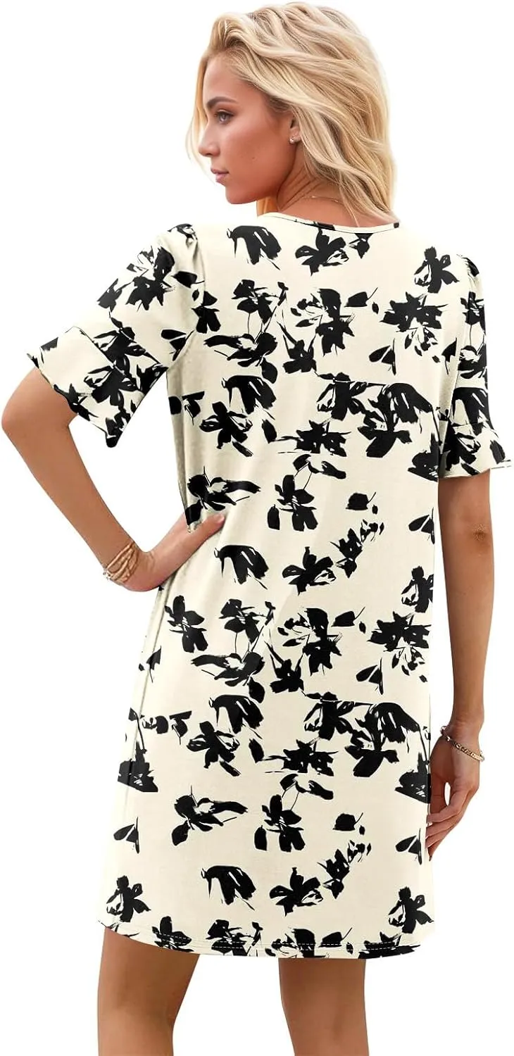 Plus Size Easter Dresses for Curvy Women Summer Casual Shift Ruffle V Neck Short Sleeve Beach Dress with Pockets