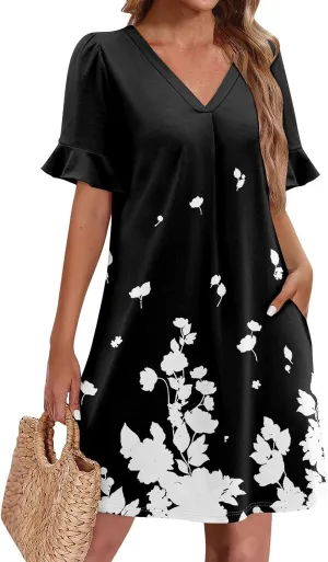 Plus Size Easter Dresses for Curvy Women Summer Casual Shift Ruffle V Neck Short Sleeve Beach Dress with Pockets