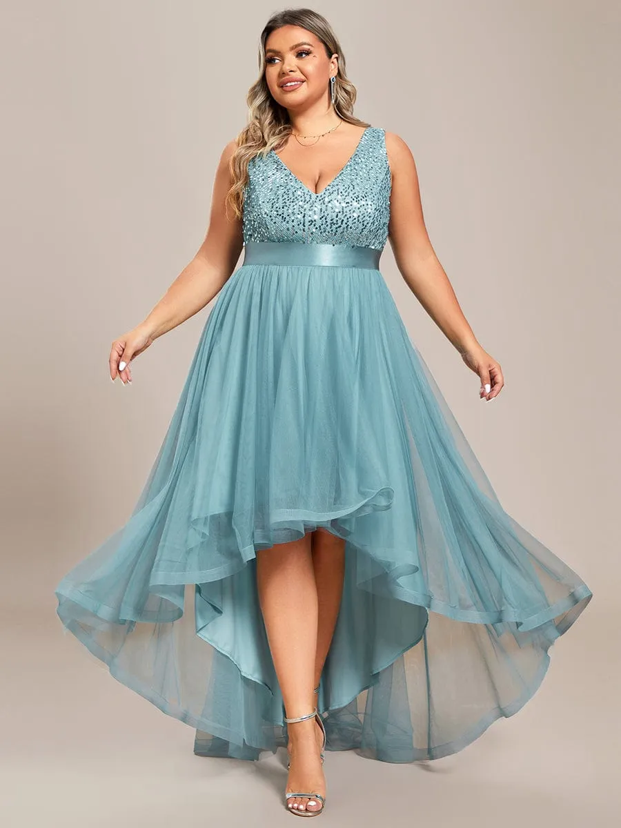 Plus Size Sequin V-Neck Sleeveless High Low Evening Dress