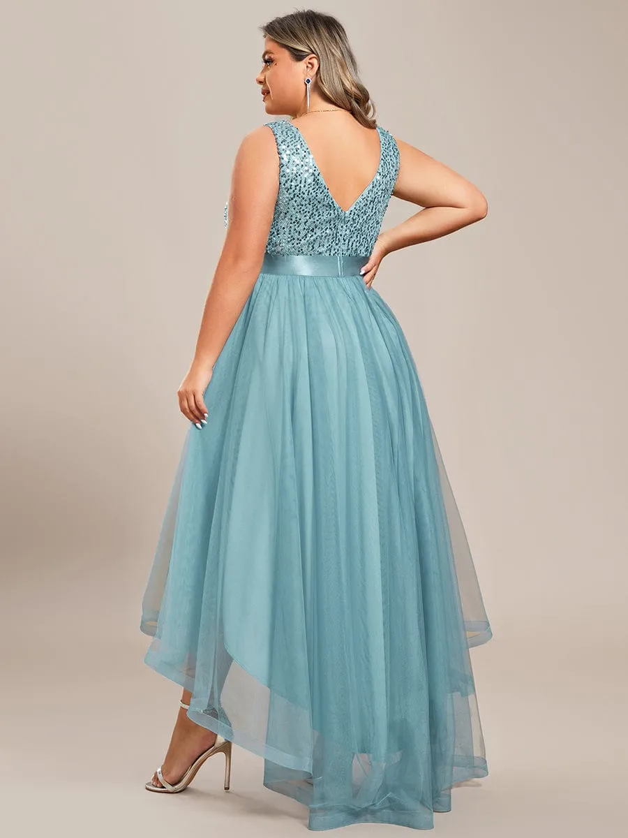 Plus Size Sequin V-Neck Sleeveless High Low Evening Dress