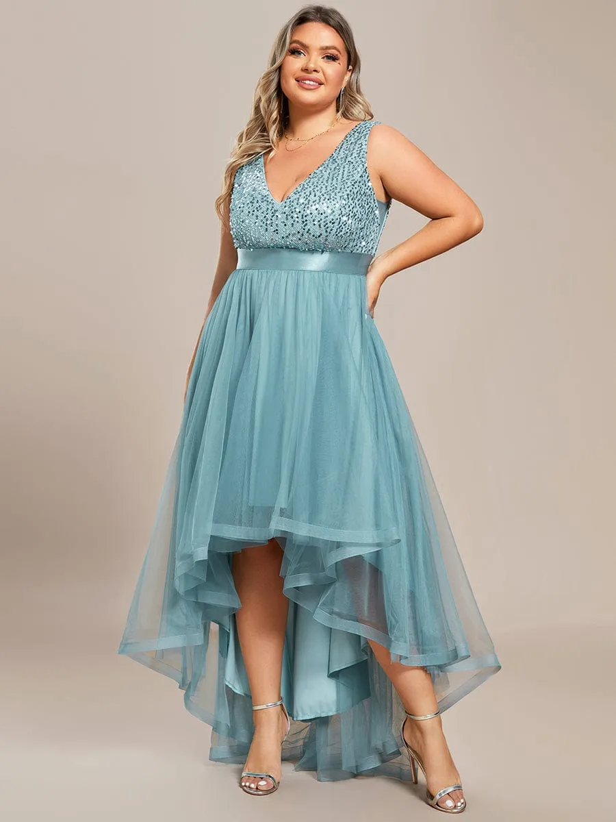 Plus Size Sequin V-Neck Sleeveless High Low Evening Dress