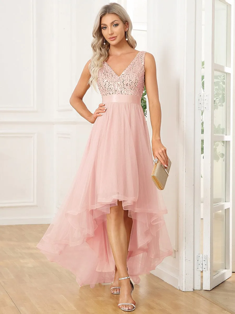 Plus Size Sequin V-Neck Sleeveless High Low Evening Dress