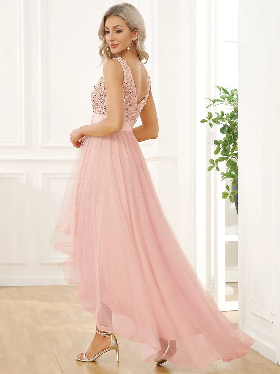 Plus Size Sequin V-Neck Sleeveless High Low Evening Dress