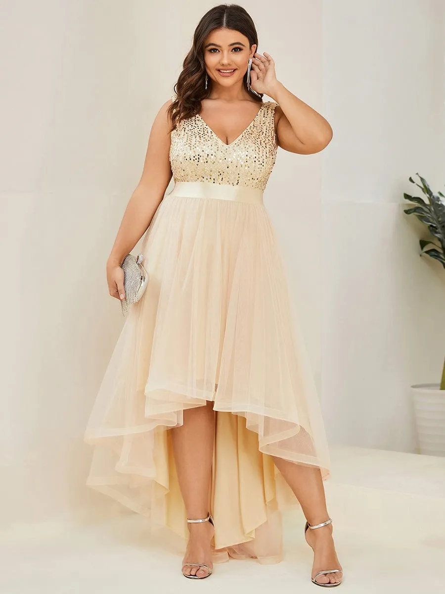 Plus Size Sequin V-Neck Sleeveless High Low Evening Dress