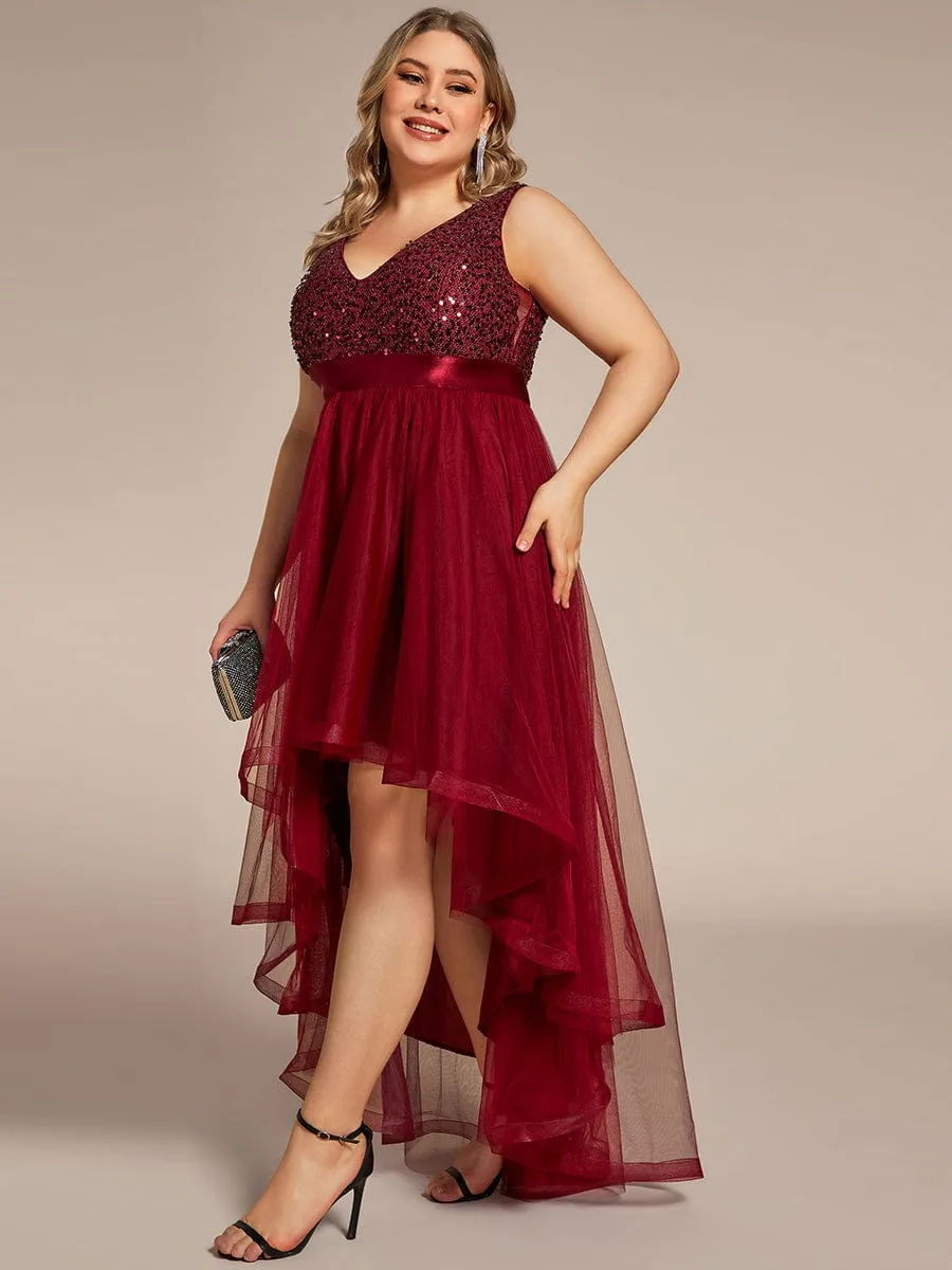 Plus Size Sequin V-Neck Sleeveless High Low Evening Dress