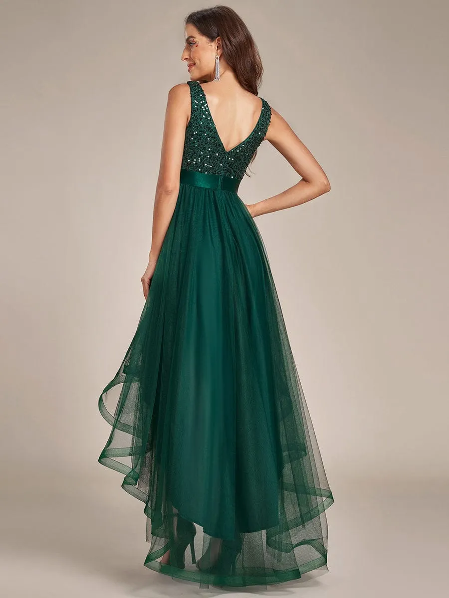 Plus Size Sequin V-Neck Sleeveless High Low Evening Dress