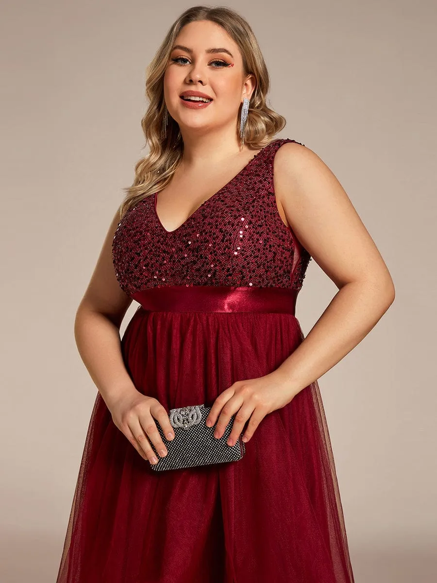 Plus Size Sequin V-Neck Sleeveless High Low Evening Dress
