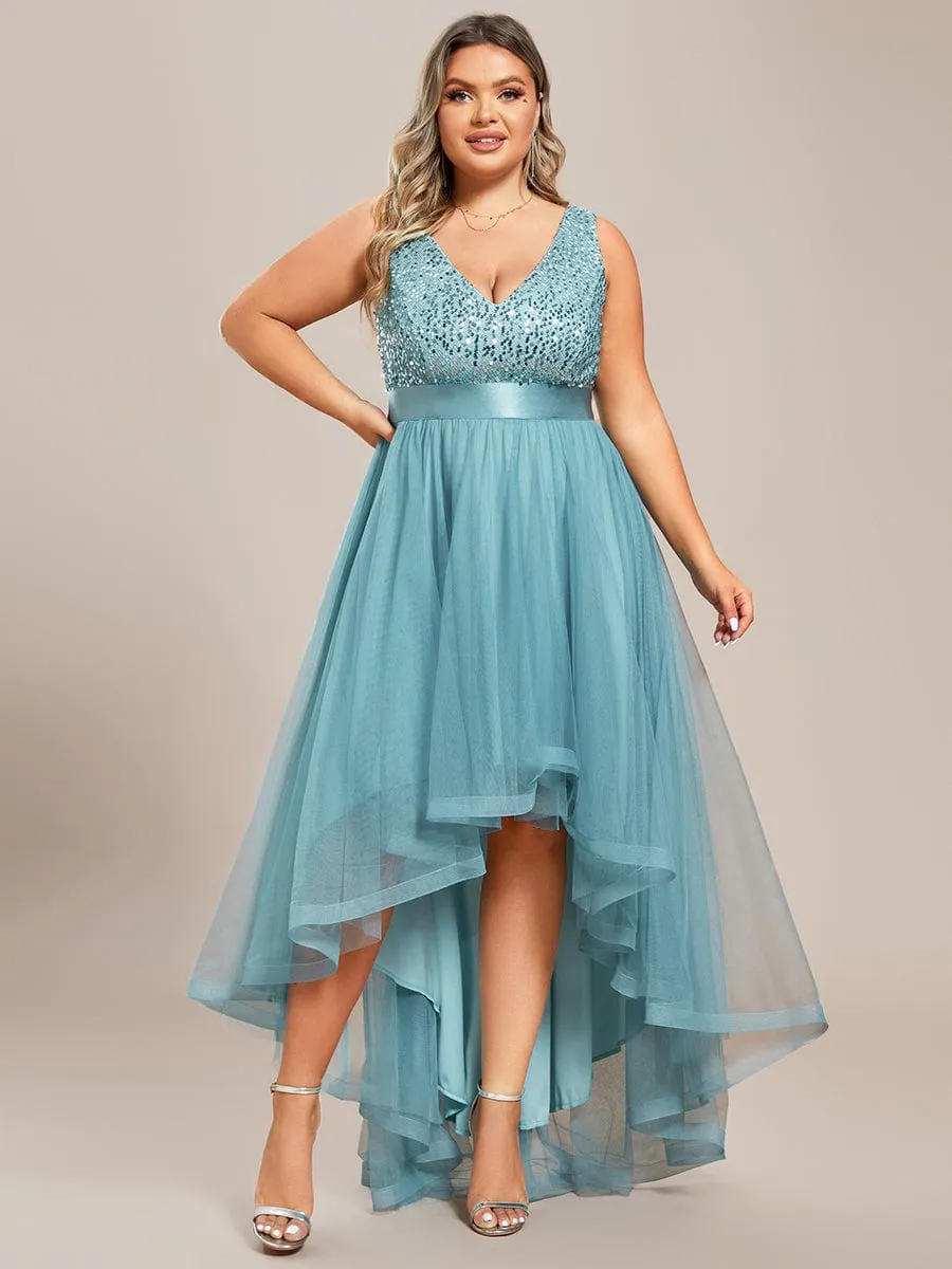 Plus Size Sequin V-Neck Sleeveless High Low Evening Dress