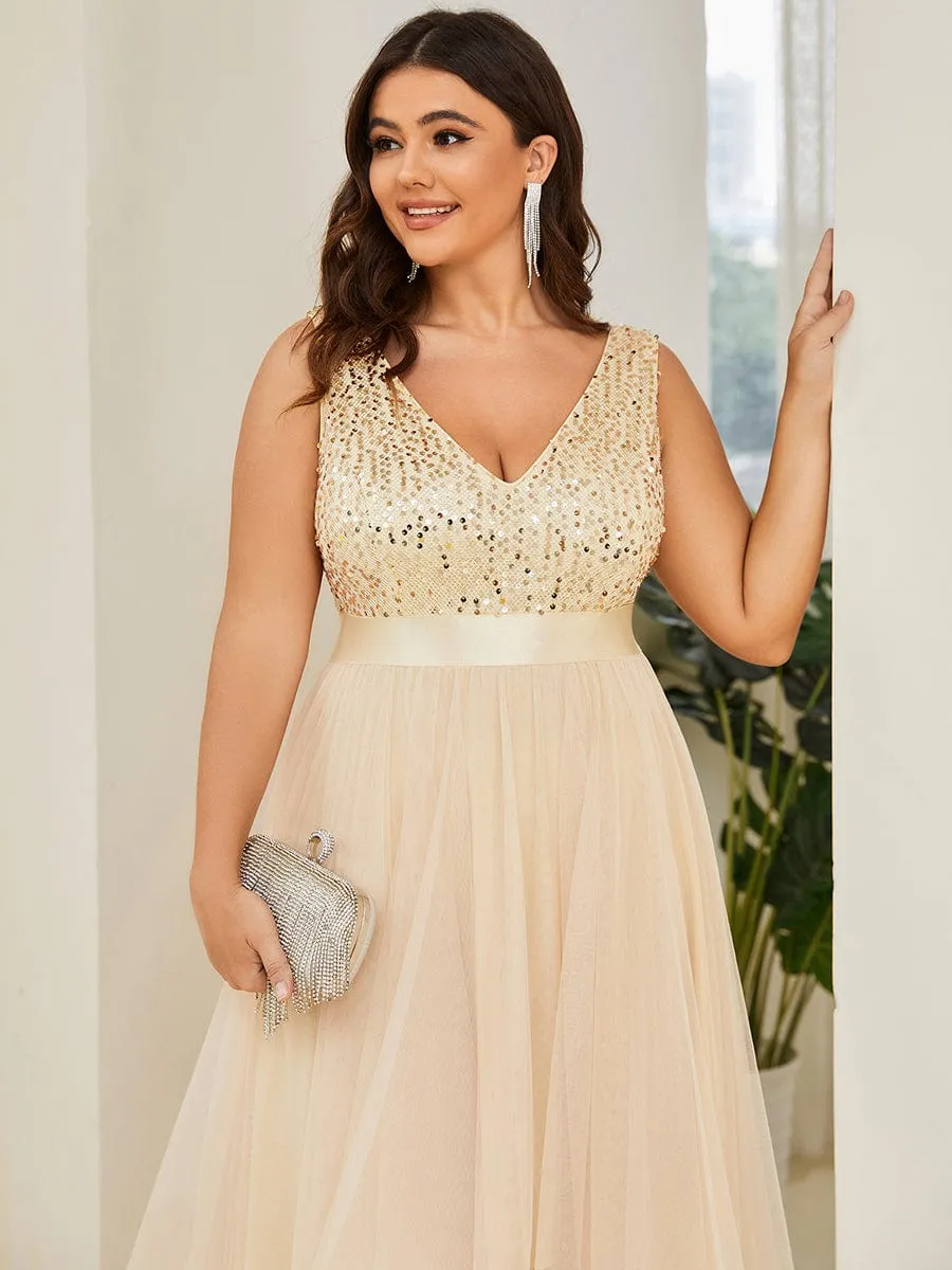Plus Size Sequin V-Neck Sleeveless High Low Evening Dress